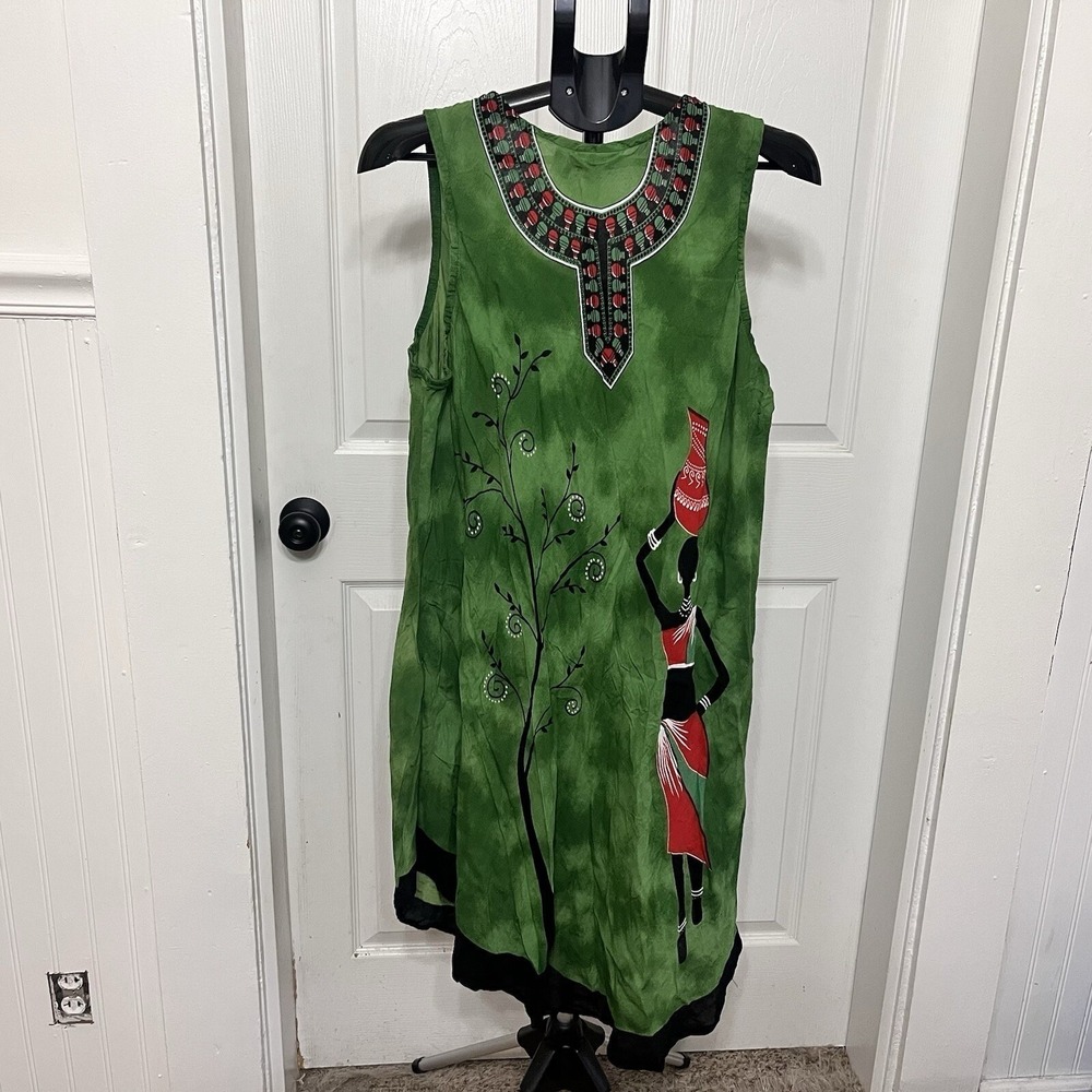 African Tie Dye Boho Dress Women's One Size Green Watercolor Swim Cover Up